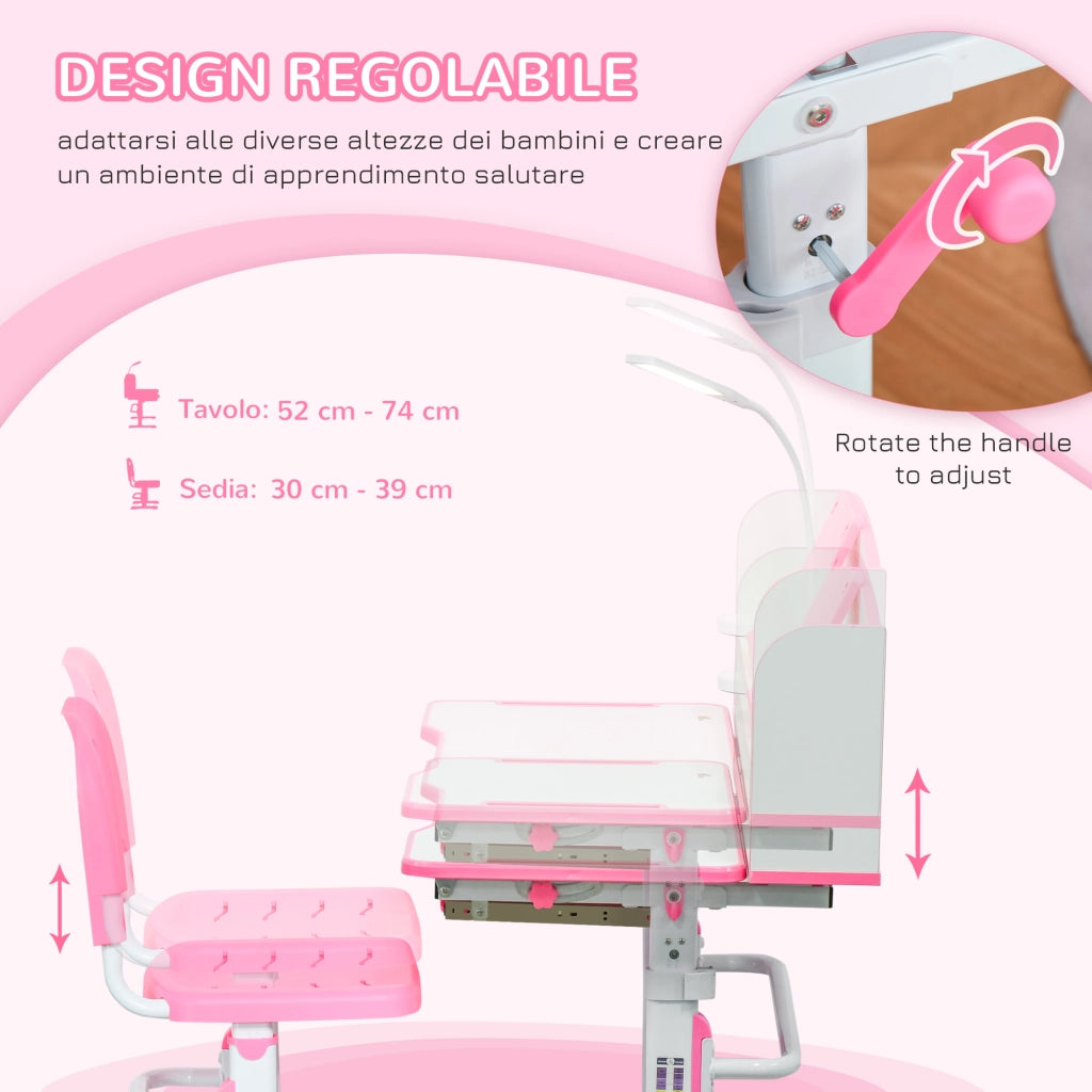 Scrivania Bambini Regolabile con Luce LED e Leggio ¨C zephmum ¨C Rosa, MDF, PP, Acciaio