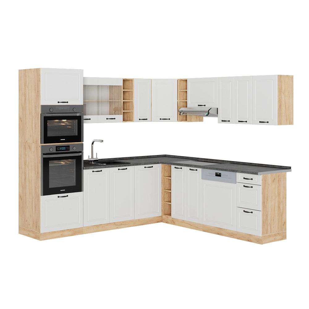 Vicco Cucina angolare completa Casa di campagna bianca/quercia dorata 237 x 60 cm senza piano di lavoro
