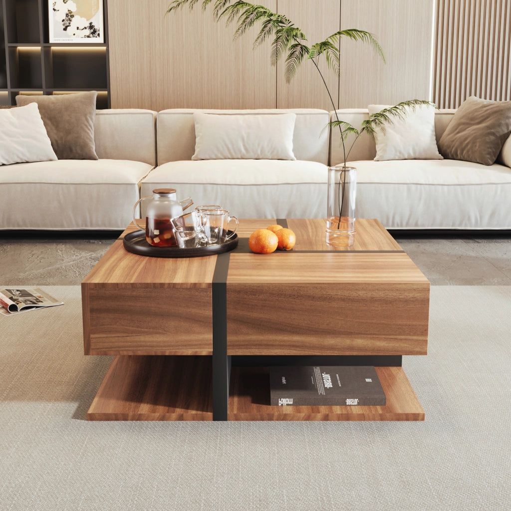 Tavolino da caffè quadrato con 4 Cassetti e 1 Vano Aperto per Soggiorno in Truciolato 78×78×36 cm Naturale