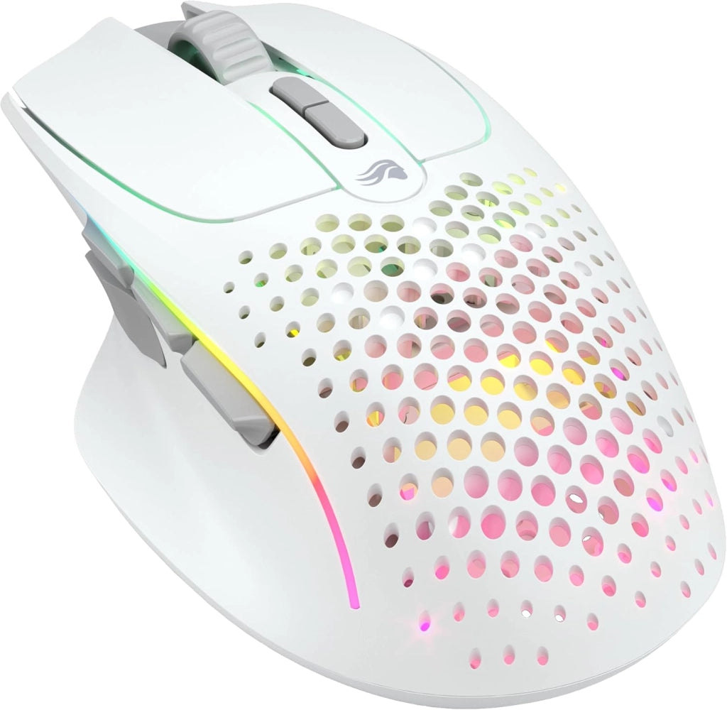 Gaming Model I 2 Wireless Mouse da gaming senza fili - 2,4 GHz e Bluetooth ibrido, superleg. 75 g, 9 tasti (2 scamb.), RGB, piedini PTFE, MMO/MOBA/sparatutto, supporto lat. pollice - Bianco