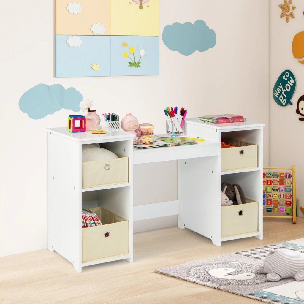 Set toeletta per bambini con specchio a 3 ante rimovibile e 4 cassetti in tessuto, Mobile da trucco per bambini Bianco-Toelette per bimbi