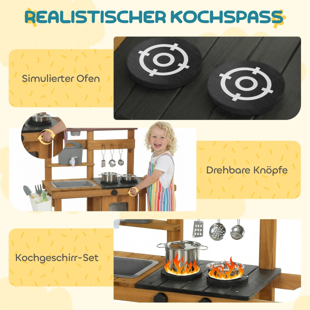 Cucina Giocattolo Esterna per Bambini ¨C zephmum ¨C Legno, Marrone con Rubinetto e Ruote