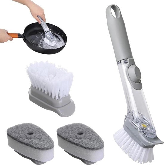 Spazzola per piatti con dispenser liquido e 4 teste di riserva per pulizia vasca