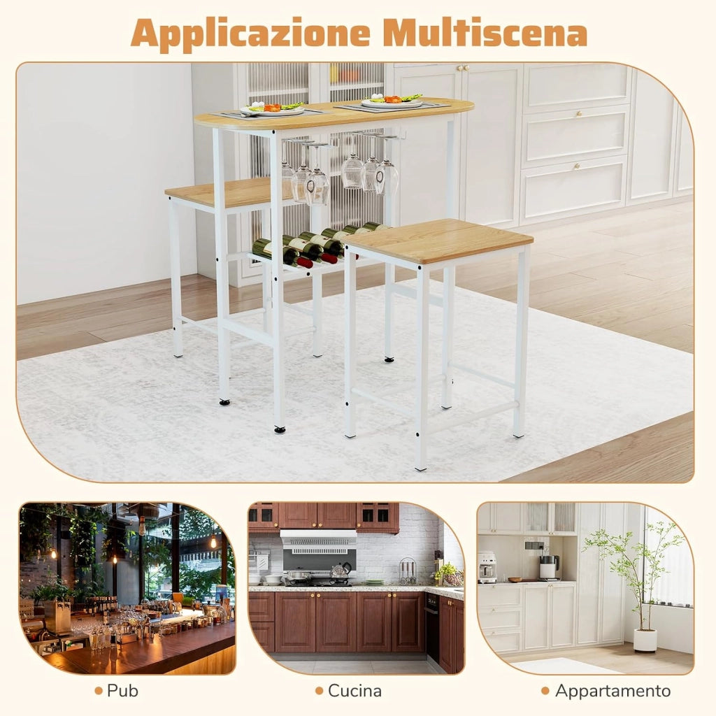 Tavolo da Pranzo con 2 Sgabelli, Tavolino e Sedie con Portabottiglie, Poggiapiedi e Struttura in Metallo, Mobili da Cucina per Bar, Bistro e Soggiorno (Naturale e Bianco)