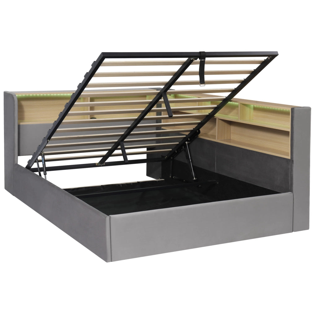 Letto imbottito 140x200 cm con contenitore idraulico; LED; USB e Type-C in velluto grigio