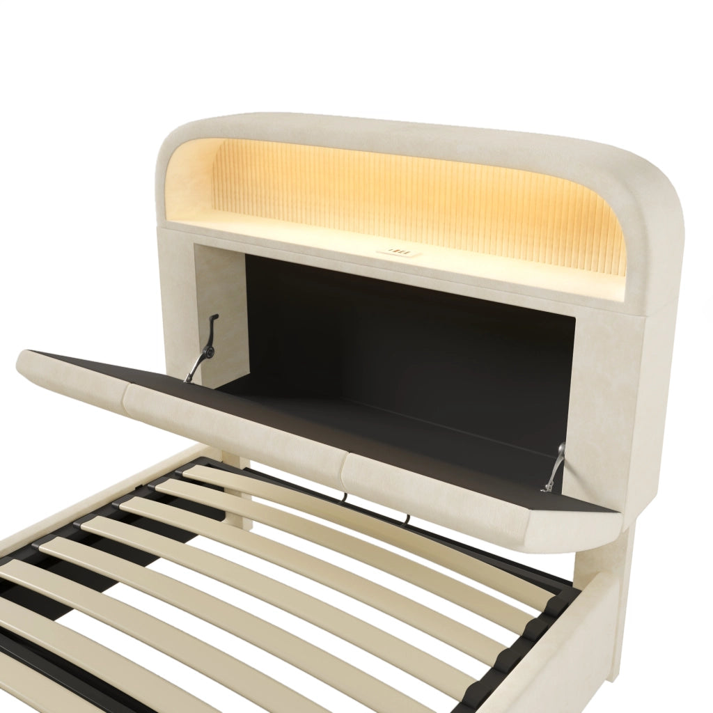 Letto singolo imbottito 90x200cm con testiera idraulica per lo stoccaggio; LED e USB C