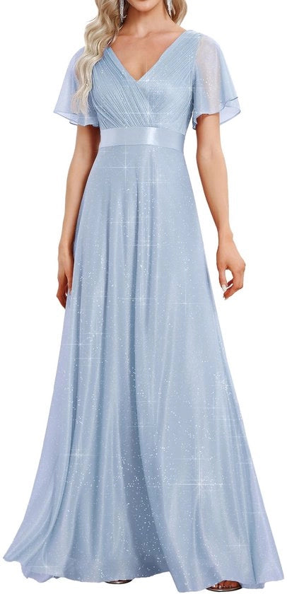 Abito da Sposa con Ruches Scintillanti - Collo a V Profondo - Vita Impero - Linea A - Varie Taglie - Stile Elegante e di Moda - Abito da Festa
