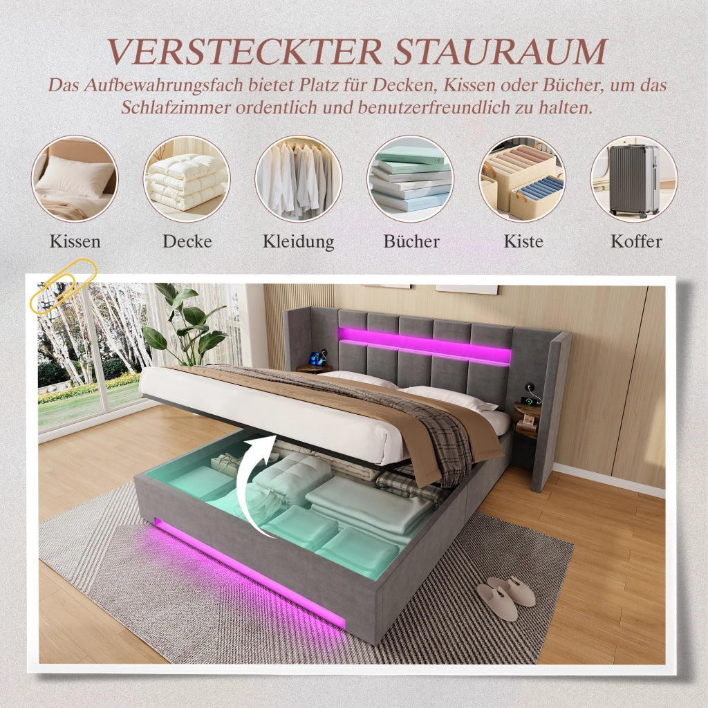 LETTO Contenitore 160x200 cm in velluto grigio scuro con USB e LED