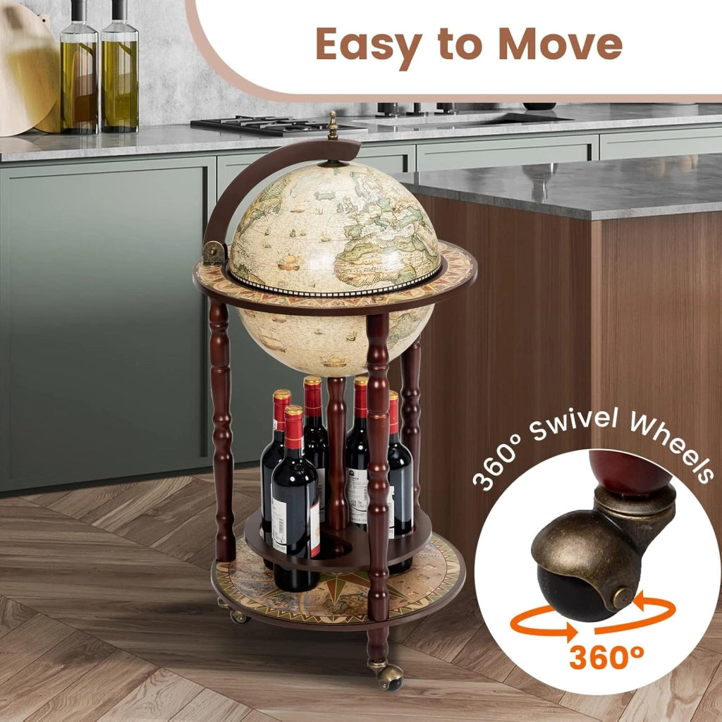 Portavino a Mappamondo, Portabottiglie a Forma di Mappamondo, Scaffale per Vino con Ruote,Porta Liquori Stile Retrò, Supporto per Bottiglia in Legno, 88 x 45 x 45cm