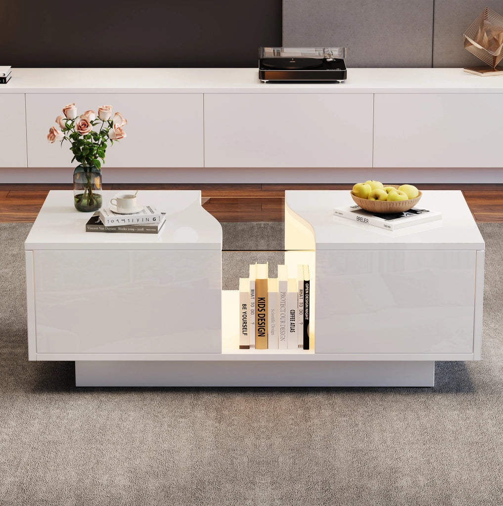 Tavolino da caffè LED bianco con 2 cassetti 100x50 cm