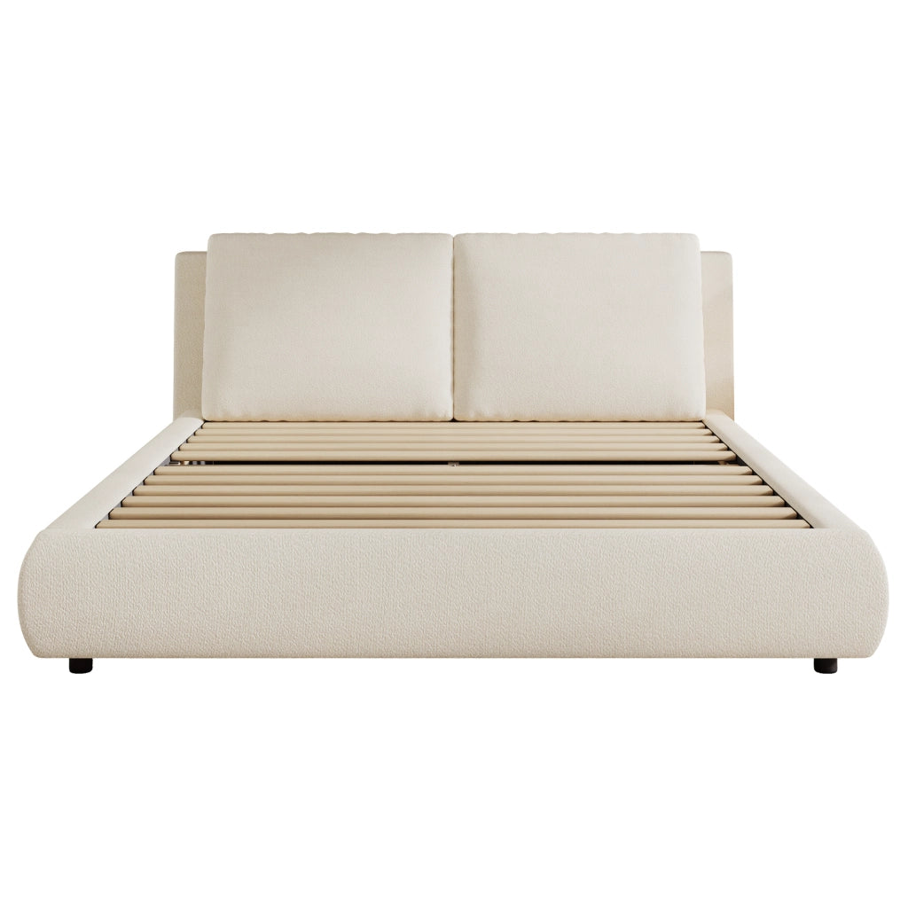 Letto matrimoniale imbottito con testiera ergonomica in bouclé beige e rete a doghe