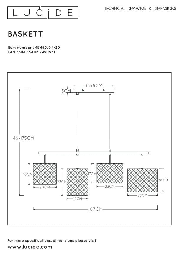 Lucide Baskett lampadario 4 luci E27 nero/legno regolabile