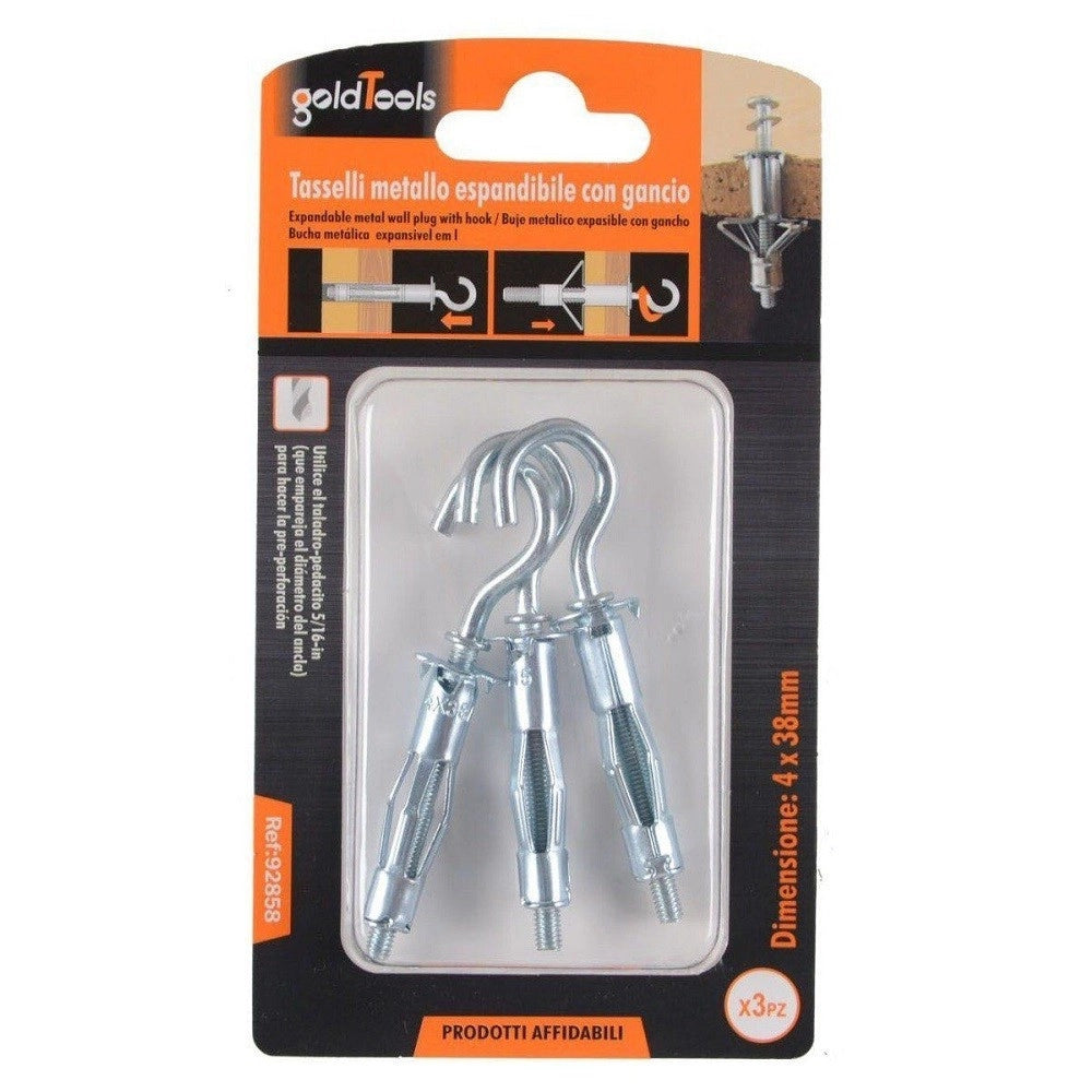 Trade Shop - Set 3 Tasselli Metallo Espandibile Gancio Viti A Espansione Stile C 4x38mm 92858 -