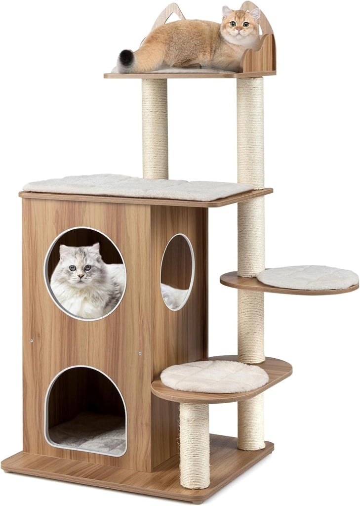 Albero per Gatti in Legno, Tiragraffi per Gatti per Interno con Condominio a 2 Piani, Piattaforma Superiore a Forma di Testa di Gatto, Posti per Grattare in Sisal e 3 Piattaforme con Cuscini
