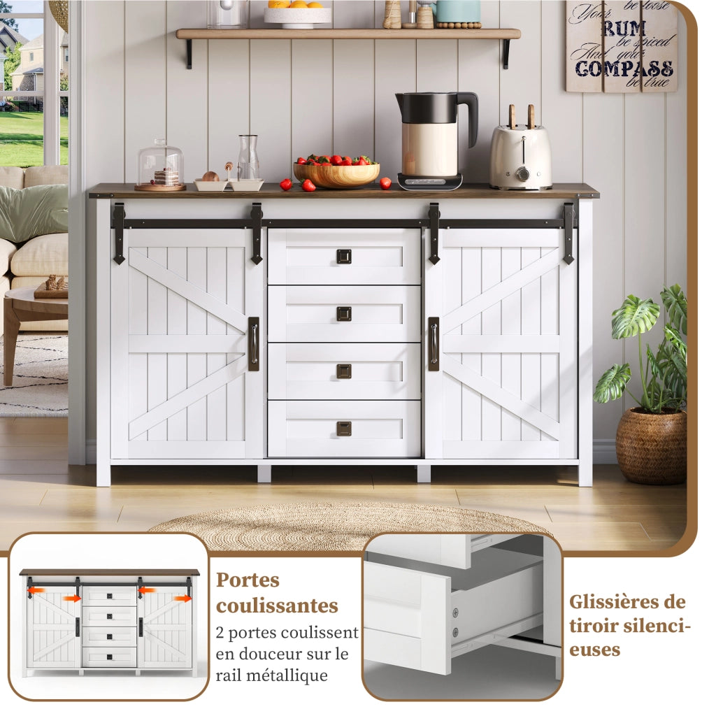 Credenza con 2 ante scorrevoli e 4 cassetti - per cucina e soggiorno - in MDF - 137 x 40 x 81.5 cm - bianco