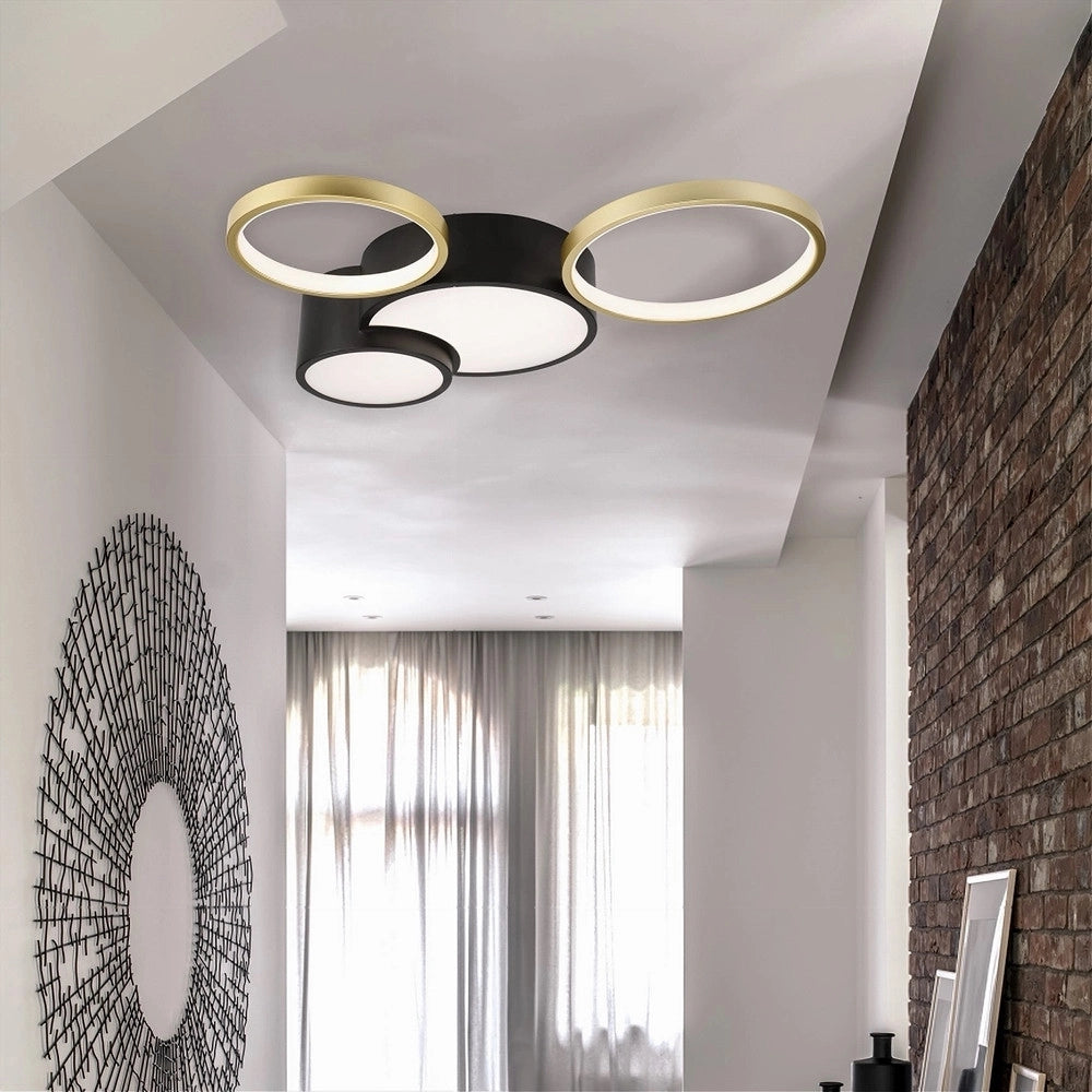 Trade Shop - Plafoniera Led 36w 4 Cerchi Oro Nero Lampada Da Soffitto Moderno Luce 6500k 70968 -