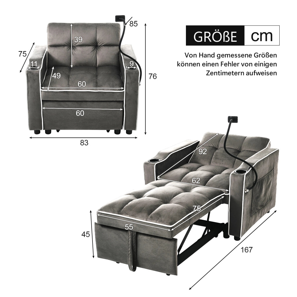 DIVANO LETTO 3-in-1 83 x 167 x 76 cm Grigio scuro
