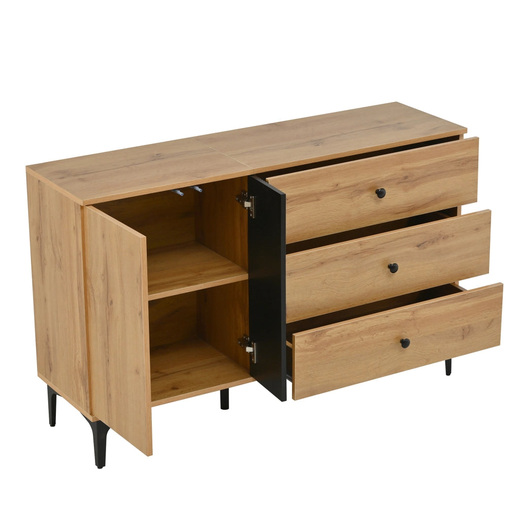 Sideboard moderno in PB naturale e nero 120x35x76 cm con armadio e 3 cassetti