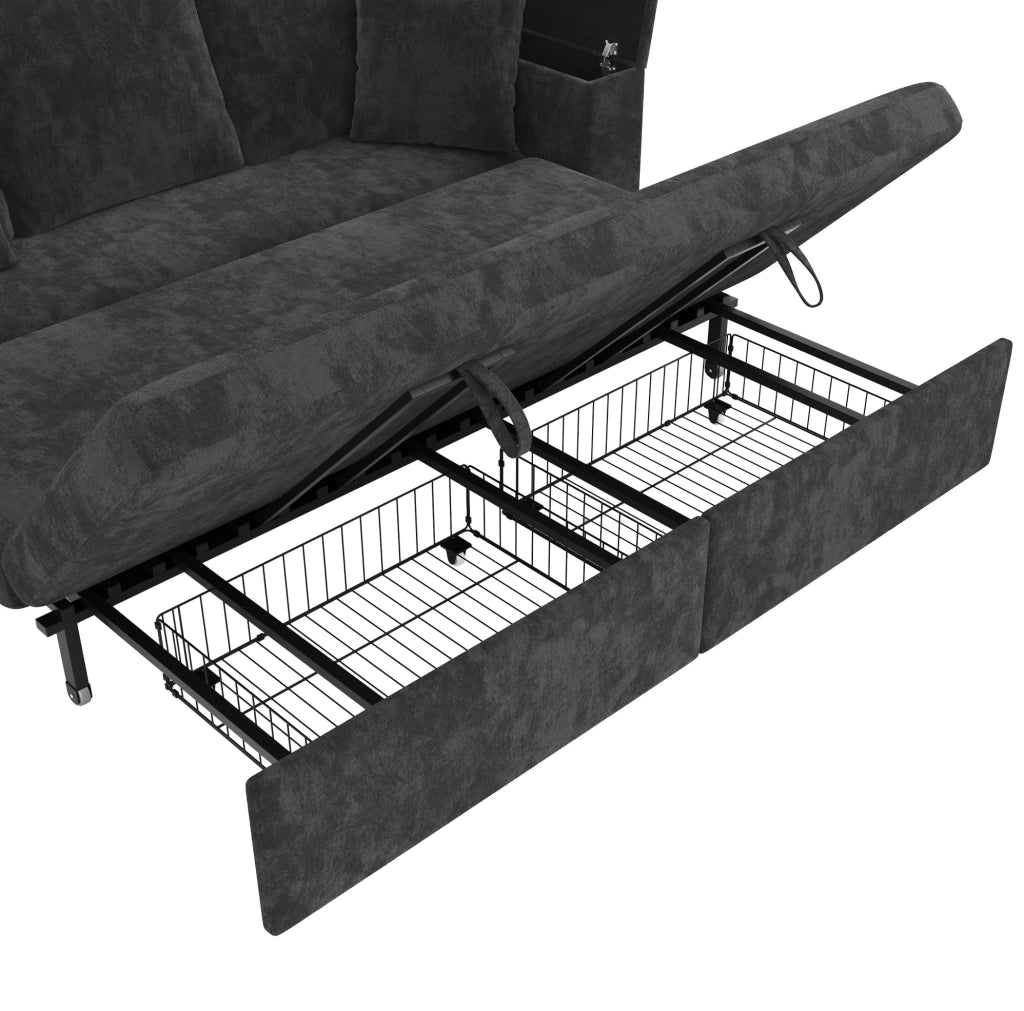 Divano letto 3 posti trasformabile in chenille grigio con struttura in metallo e porta USB