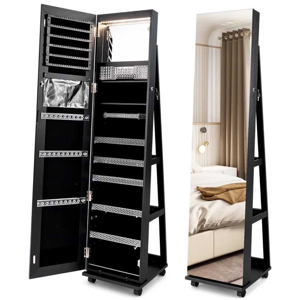 Mobile portagioie su ruote 40 x 38 x 163 cm grande capienza illuminazione a LED design moderno in MDF nero 20_0017409