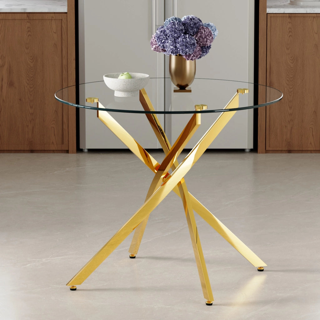 Tavolo da pranzo 2-4 posti con piano in vetro e base metallica - per cucina - Ø88 cm - oro