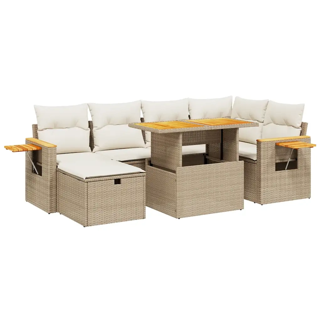Set Divani da Giardino 7 pz con Cuscini Beige in Polyrattan