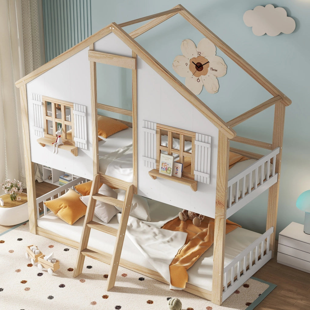 Letto a castello per bambini con tetto e finestre 90x200 cm