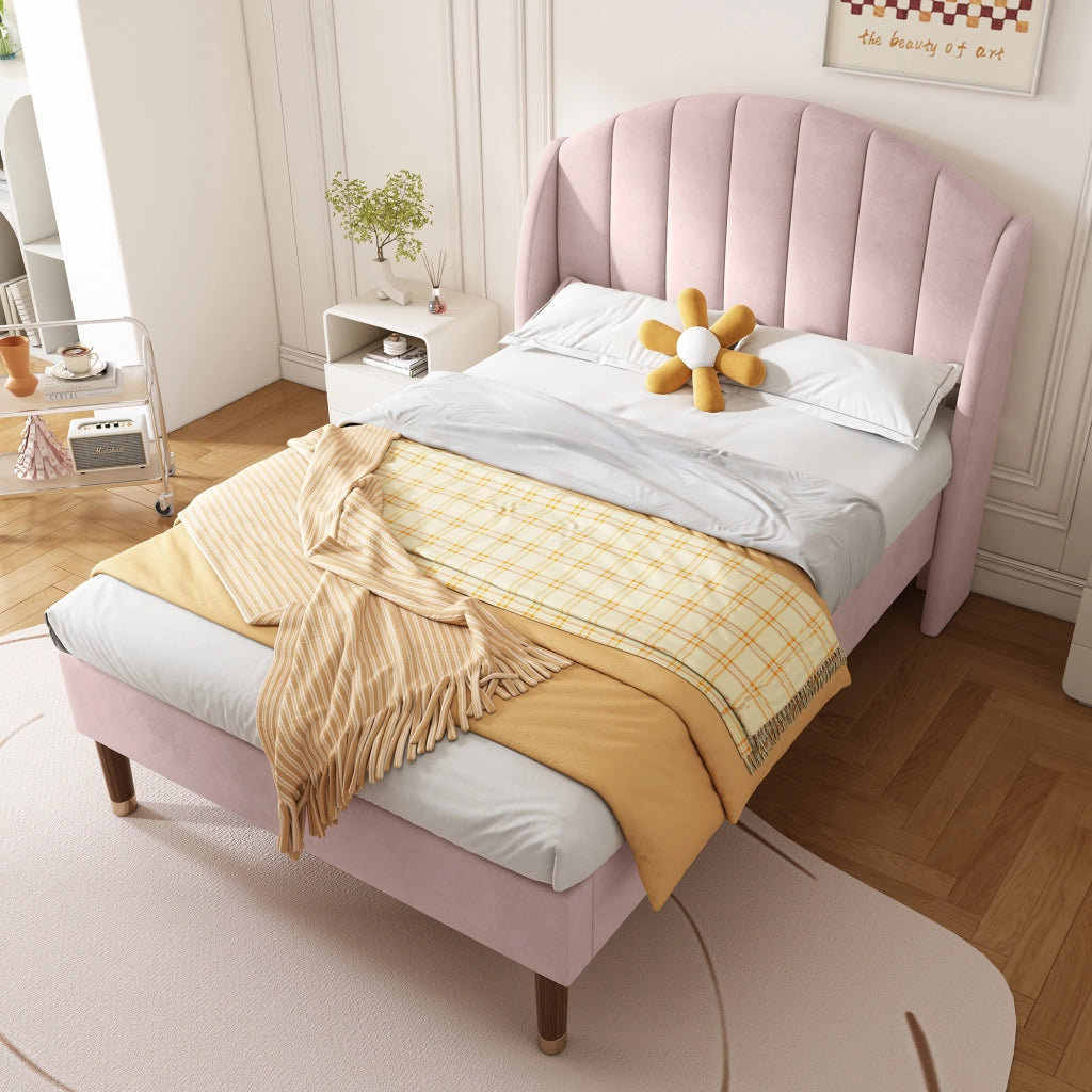 Letto imbottito singolo 90x200 cm in velluto rosa con rete a doghe e testiera