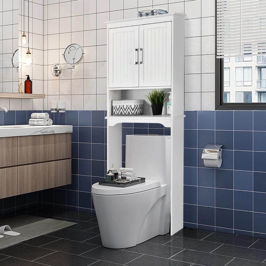 Mobile sopra il WC con mensola aperta e doppie ante, Organizer per bagno con mensola interna regolabile Bianco