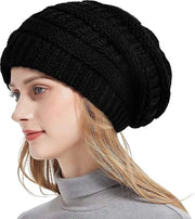 Muffe in lana intrecciata per donne - Cappello caldo e impermeabile per l'inverno - Cappello slouchy caldo e intrecciato - Cappello intrecciato - Cappello con imbottitura elastica leggera in tulle - Adatto per cerchia testa 52-60 cm (Nero)