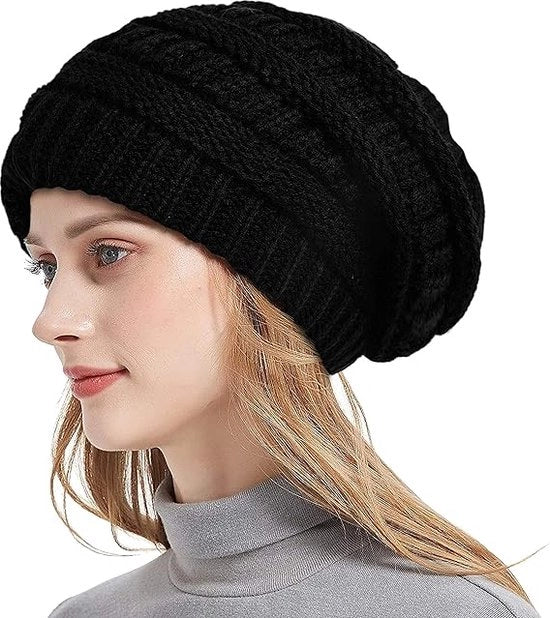 Muffe in lana intrecciata per donne - Cappello caldo e impermeabile per l'inverno - Cappello slouchy caldo e intrecciato - Cappello intrecciato - Cappello con imbottitura elastica leggera in tulle - Adatto per cerchia testa 52-60 cm (Nero)