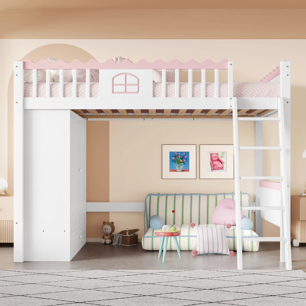 LETTO A CASTELLO 90x200 cm in pino bianco con LED, armadio e cassetti