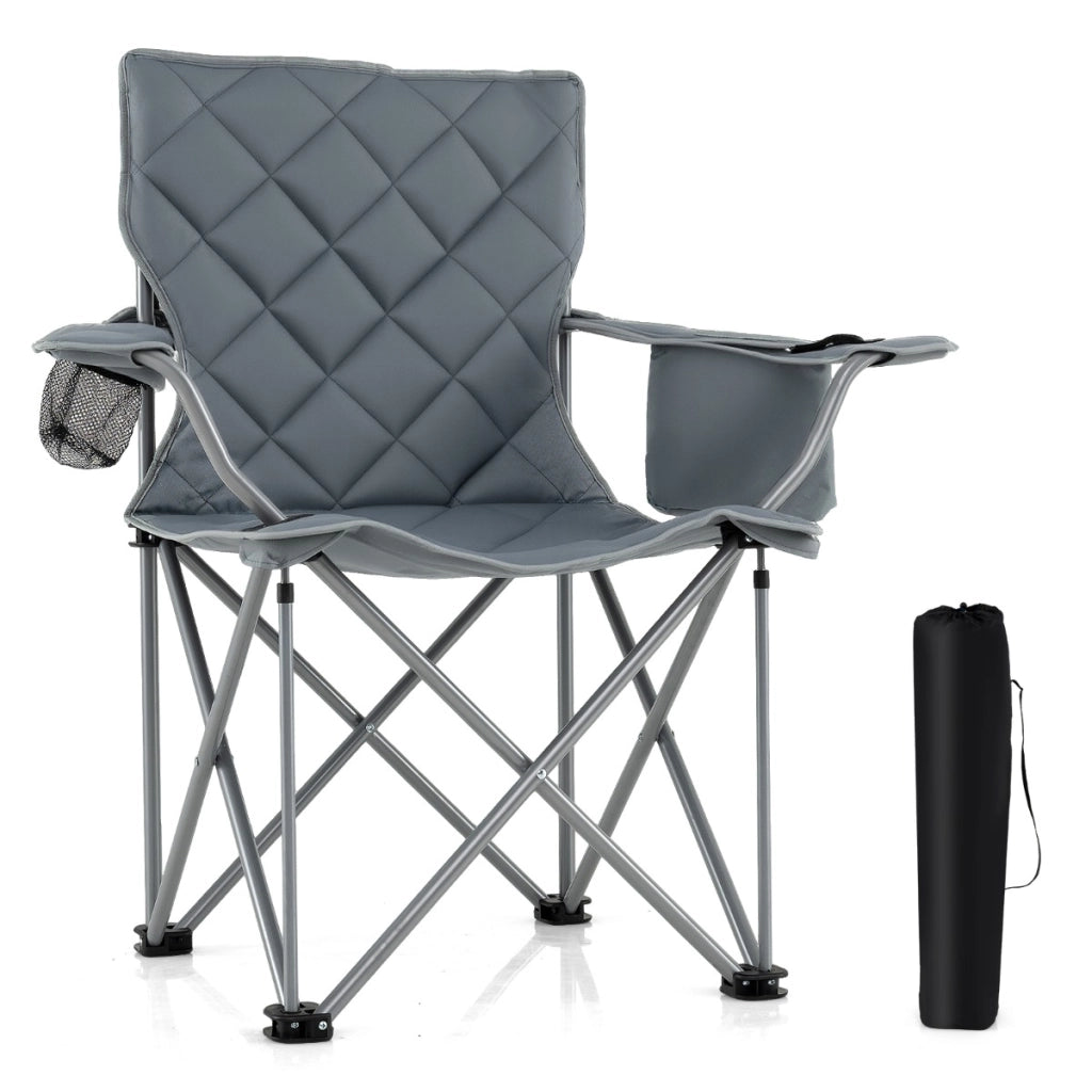 Sedia da campeggio oversize pieghevole per esterni con tasca frigorifero, Sedia da prato imbottita con borsa Grigio-Tavoli e sedie da campeggio