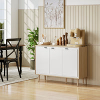 Credenza Moderna 107x35x77 cm a 3 Ante con Ripiano Regolabile Bianco Lucido e Rovere