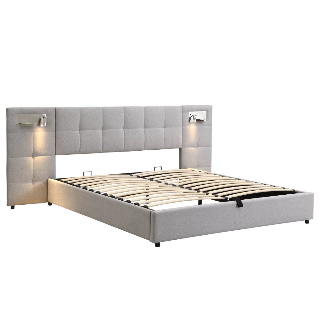 OKWISH Letto Contenitore 180×200 cm, Letto Matrimoniale con USB, Ricarica Wireless e Lampada, senza Materasso, in Lino, Grigio