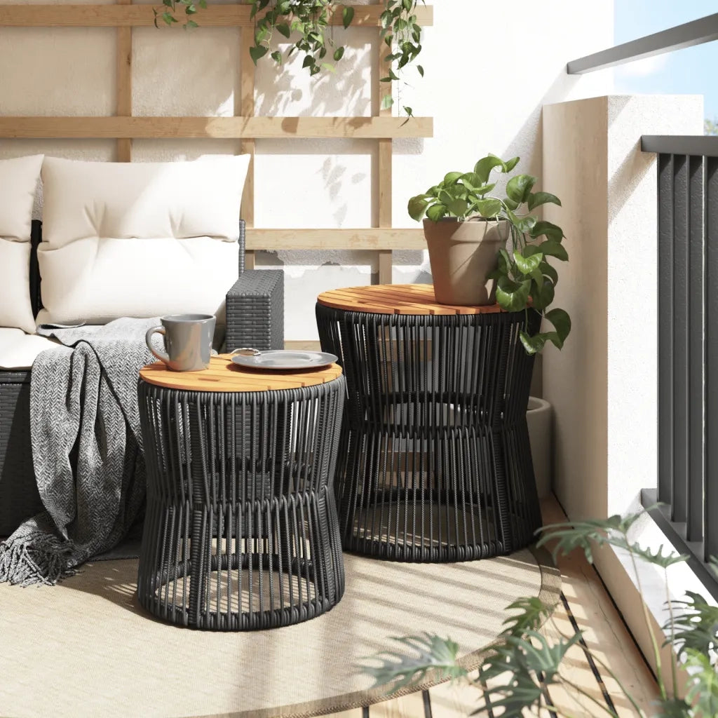Tavolini da Giardino 2 pz | Tavolino da esterno con Piano in Legno Neri in Polyrattan
