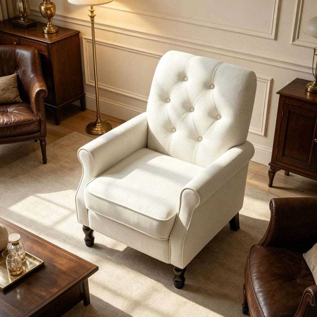Poltrona singola con cuscino spesso a molle, rivestimento in lino e struttura in legno