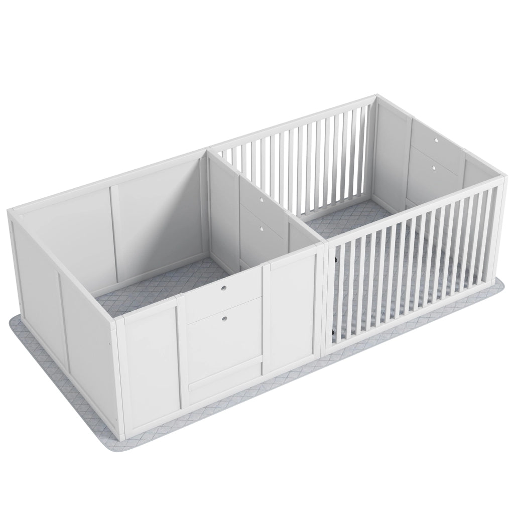 Recinzione decorativa per cuccioli a due spazi con ingresso regolabile in MDF bianco 166 × 80 × 50 cm