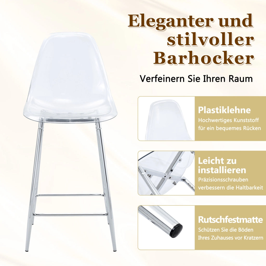 Sgabello da bar trasparente con struttura in metallo e poggiapiedi in plastica argento 68,5 × 48,0 × 47,0 cm