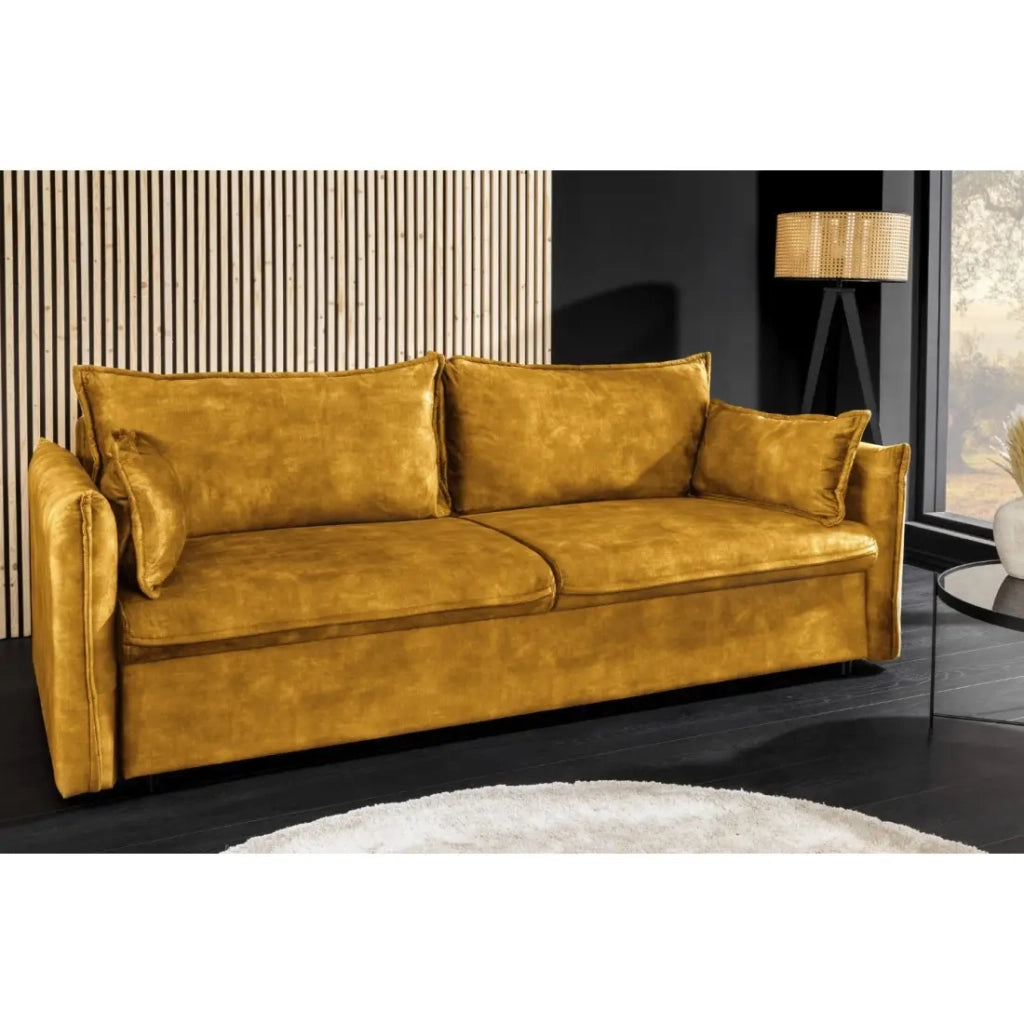 Divano dritto CALDERO giallo senape trasformabile con vano contenitore – Divano letto in velluto morbido con spazio di stoccaggio integrato