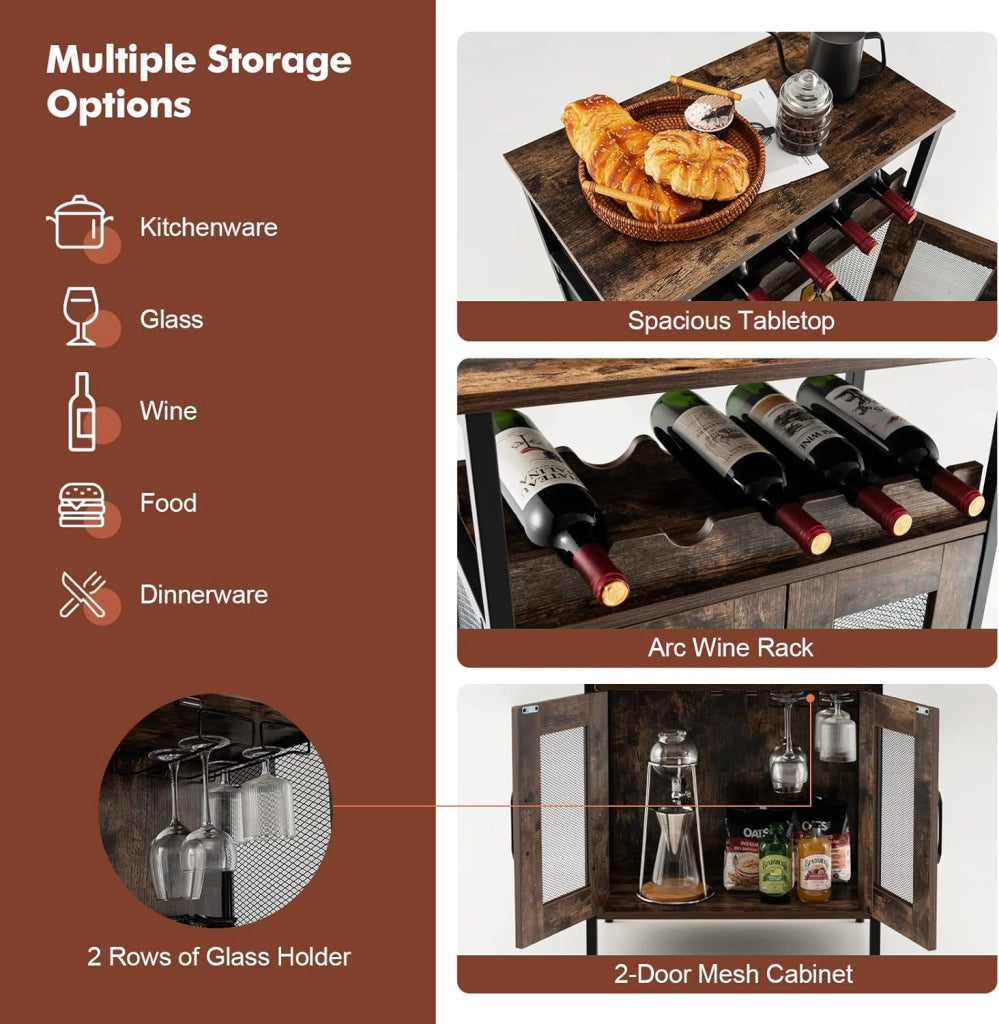 Cantinetta Porta Bottiglie da Vino, Credenza Industriale con 5 Portabottiglie Rimovibili, con Porta in Metallo a Rete Metallica, 60x34x79cm (Marrone)