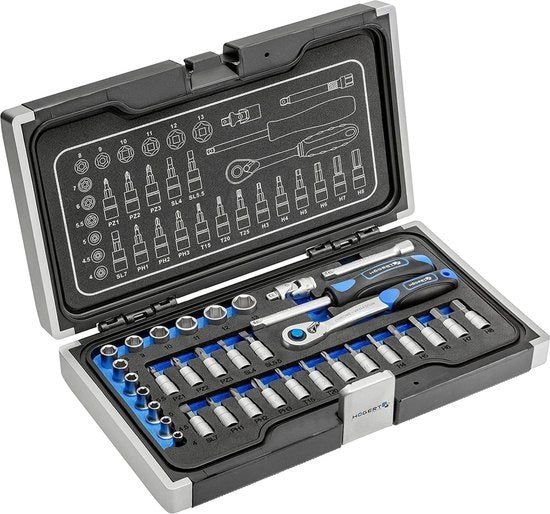Set di attrezzi I Chiavi a doppio fine, bit e accessori 1/4” I Acciaio inox a cricchetto I Saldato I Meccanismo a rullo con 72 denti I HT1R464-34-delig