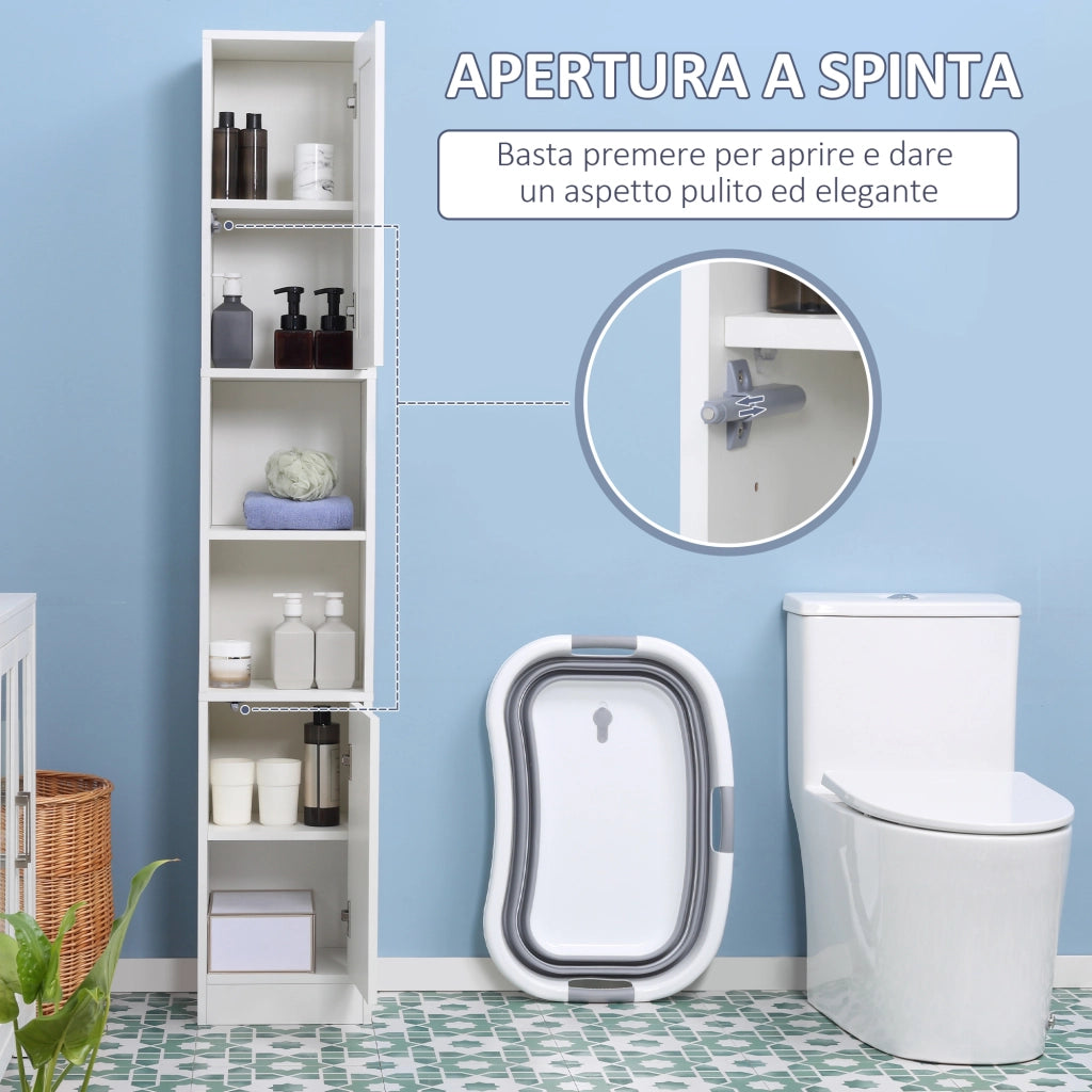 Colonna Bagno Salvaspazio in Legno con Specchio e Apertura a Pressione, 30x28x170cm, Bianco