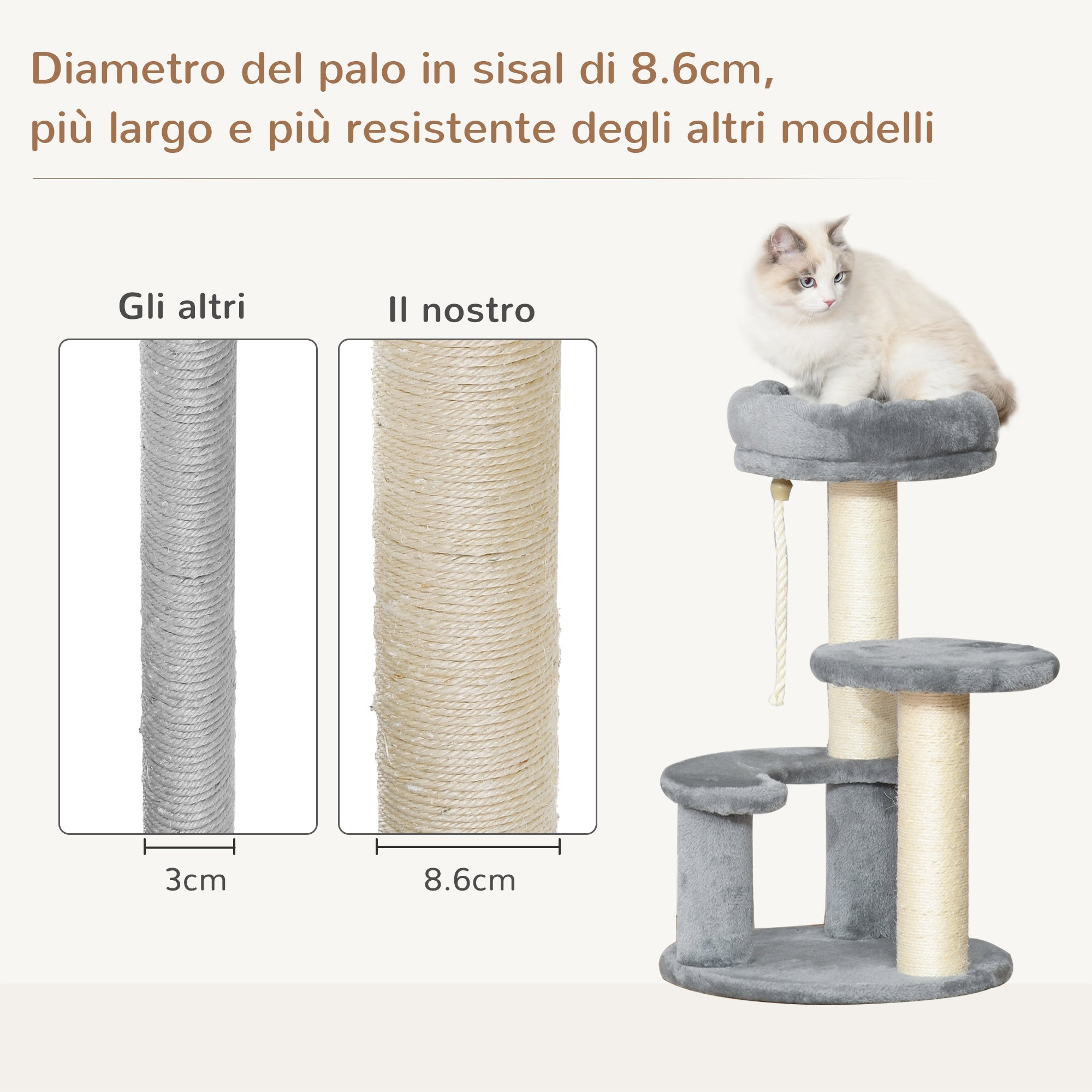 Albero Tiragraffi Gatti a 3 Livelli in Peluche Sisal Naturale Grigio Ø40x65 cm
