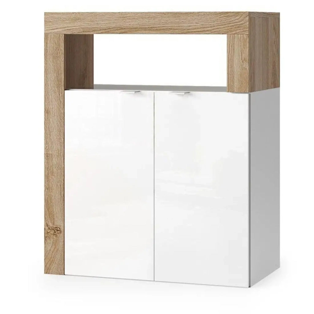 Mobile da bagno BURA – 2 porte, 2 scaffali – Bianco lucido laccato e rovere chiaro