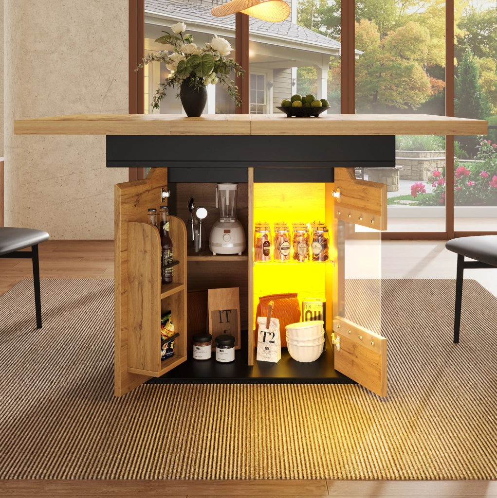 Tavolo da pranzo estensibile 110-140x80x76 cm con illuminazione LED e portaoggetti in MDF e vetro nero naturale