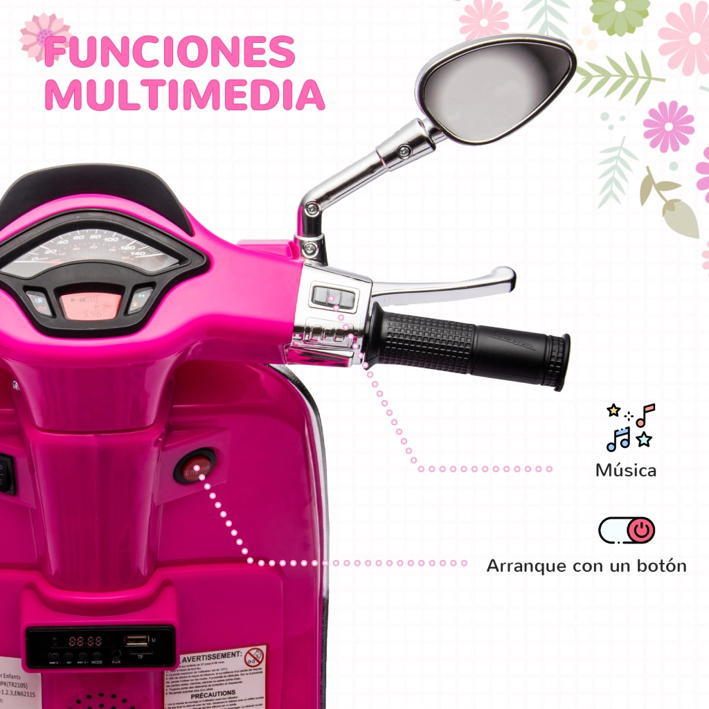Moto Elettrica Bambini Vespa con USB MP3 LED Radio FM ¨C zephmum ¨C Rosa 3 km/h 35kg