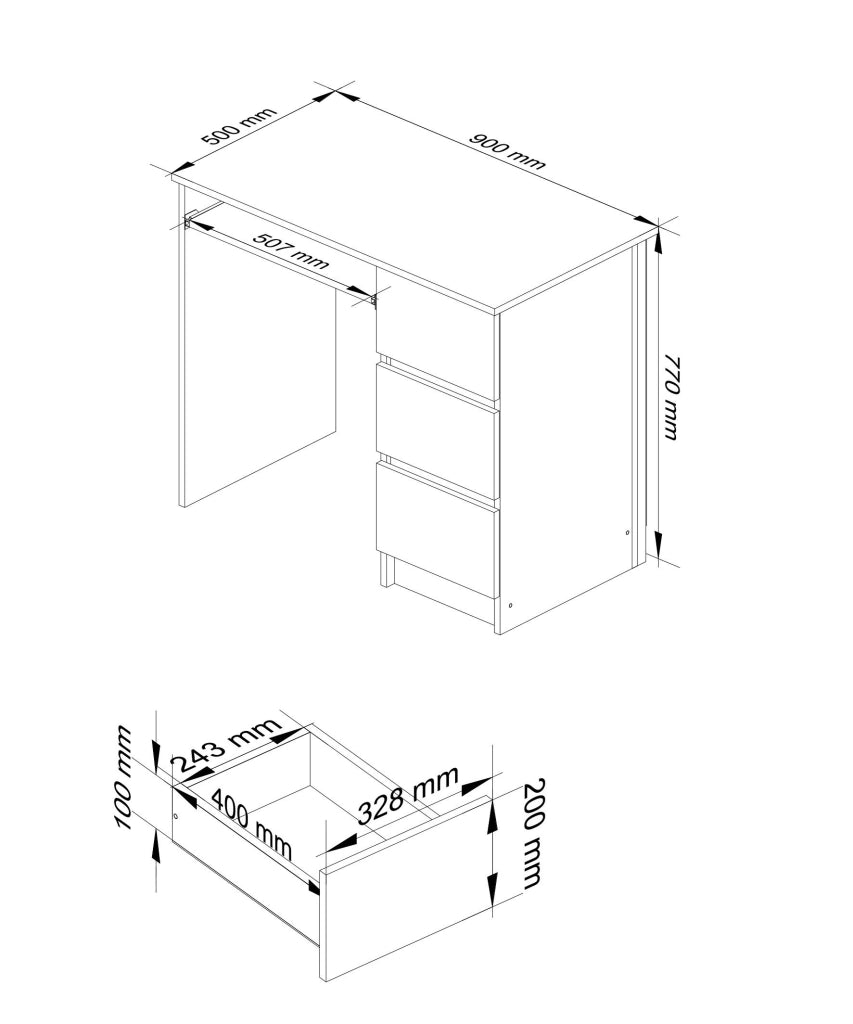 Scrivania per computer AKORD A6 Wengé 90 cm 3 cassetti inserto frontale Bianco 90x50x77 cm Modello a destra