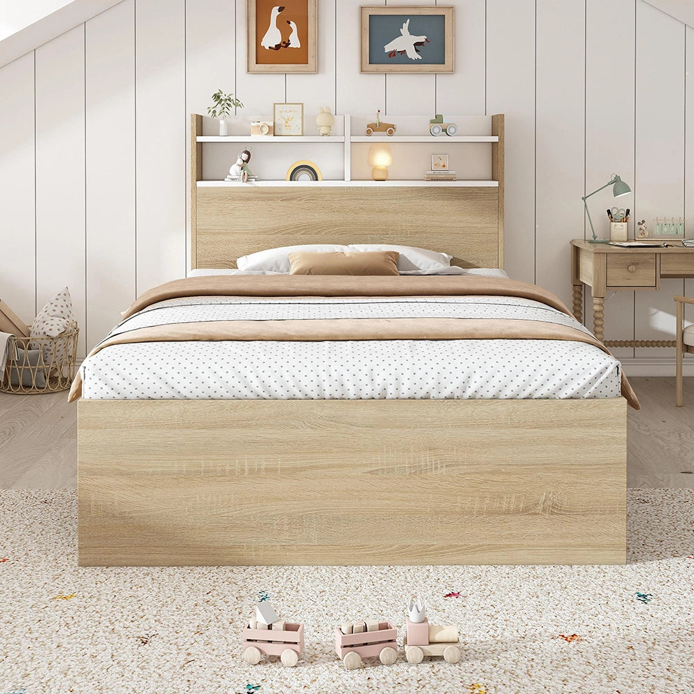 Letto legno-Xylo-90x200cm bianco/rovere 2 tiroir ripiani senza materasso