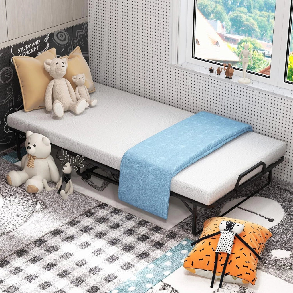 Letto Pieghevole con Materasso 190 cm, Letto per Ospiti a Scomparsa con Materasso in Memory Foam, Lettino Pieghevole Portatile su Ruote per Soggiorno, Camera, Ufficio